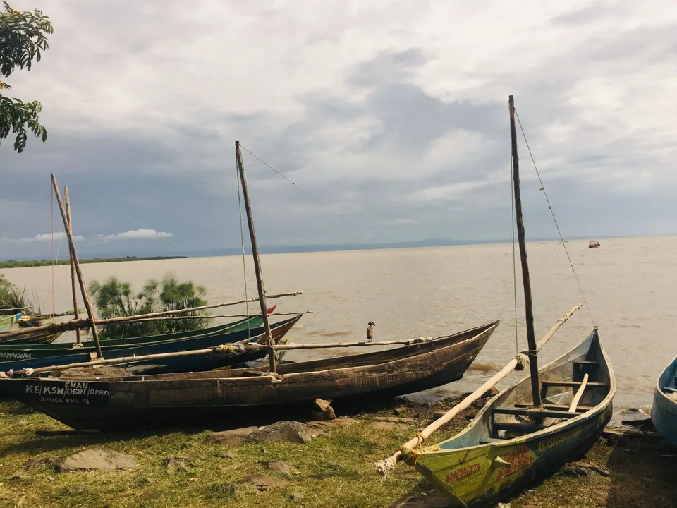 Wooden boats pulled up beside Lake Victoria at Dunga, with masts and papyrus against the water.