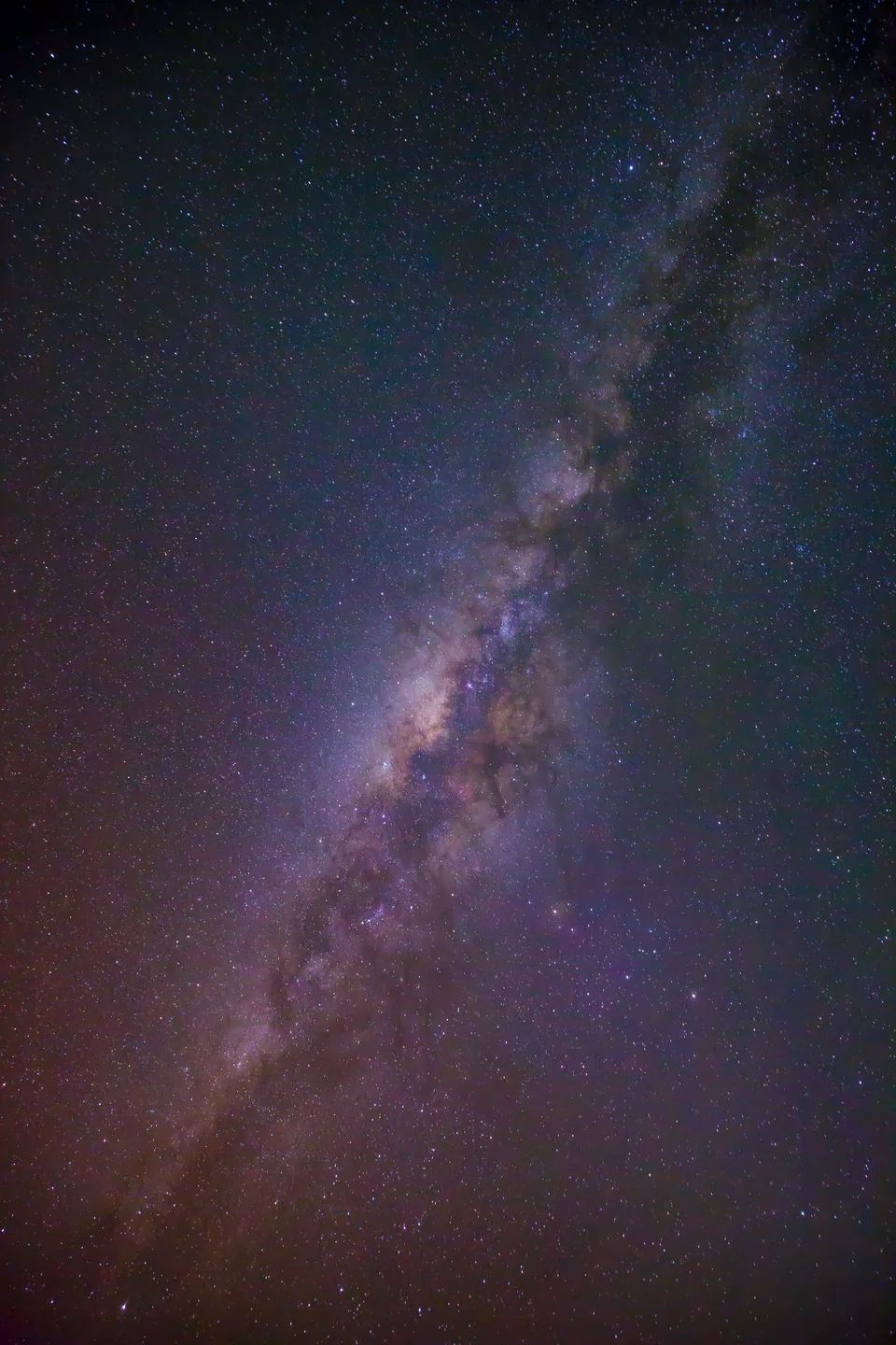 Dense stars and the pale, dust-streaked band of the Milky Way cross a dark sky.